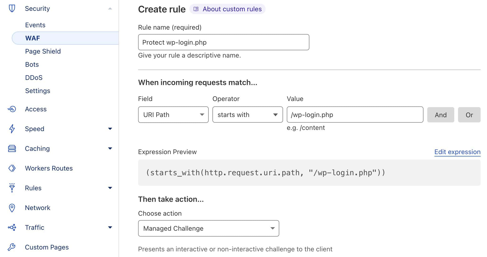 Cloudflare - Custom rule the WP Login page