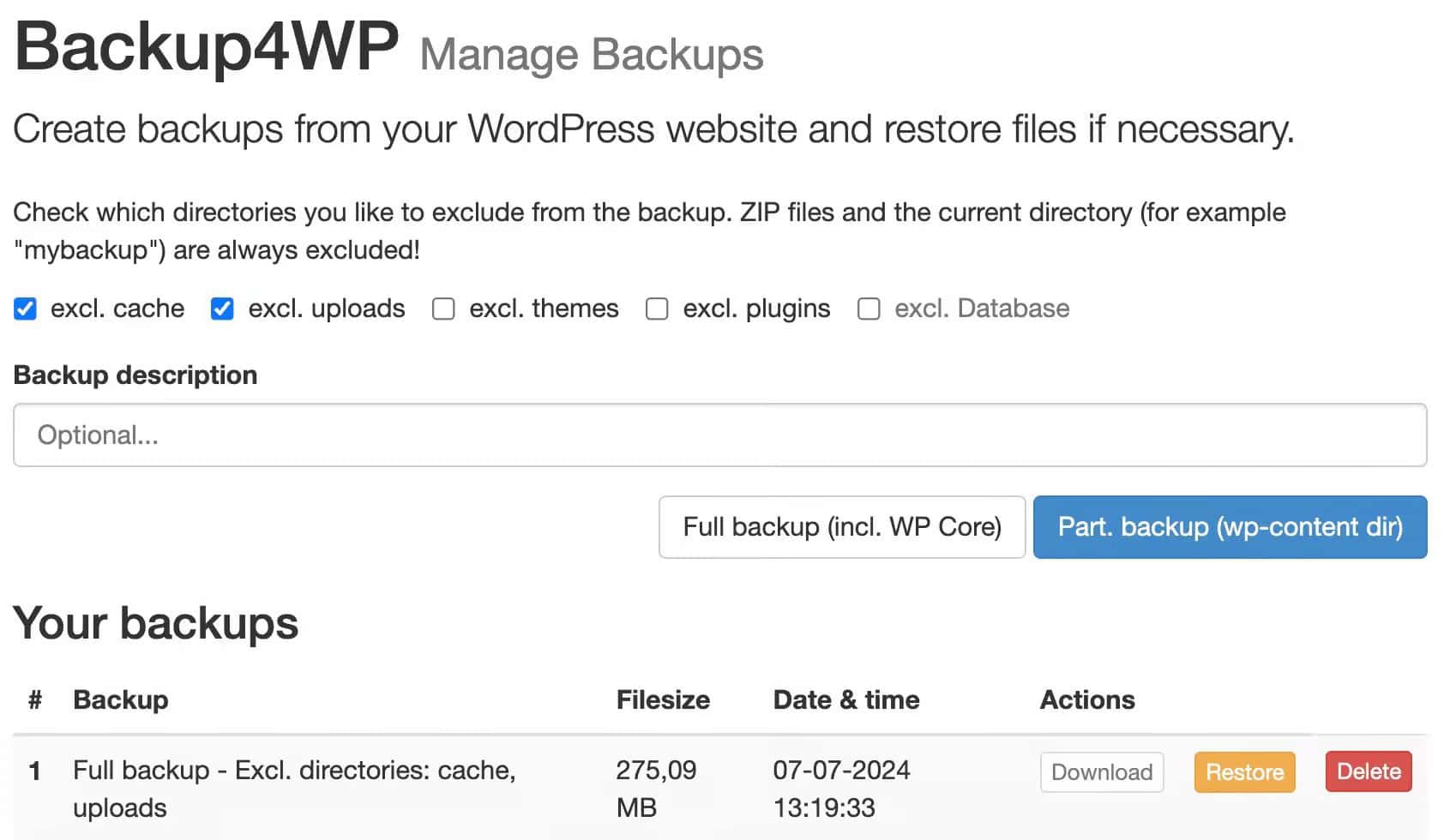 Backup4WP - Managing backups