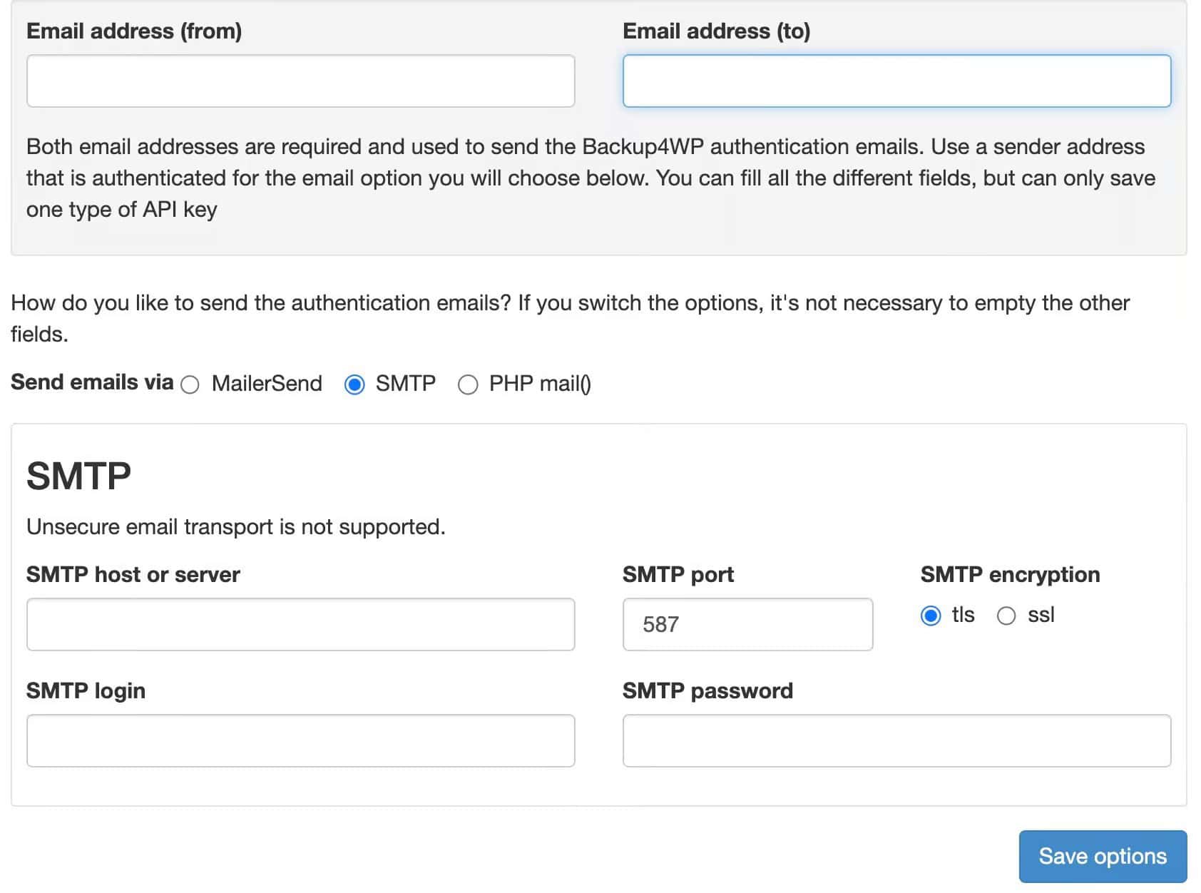 Backup4WP setup email configurations