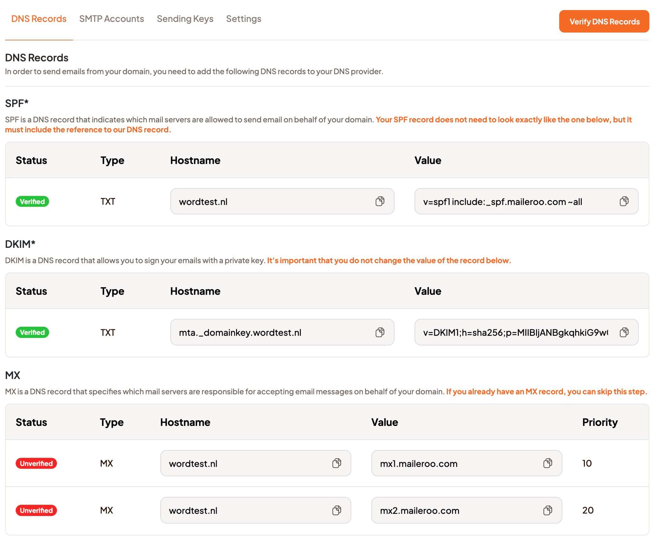 Maileroo DNS records